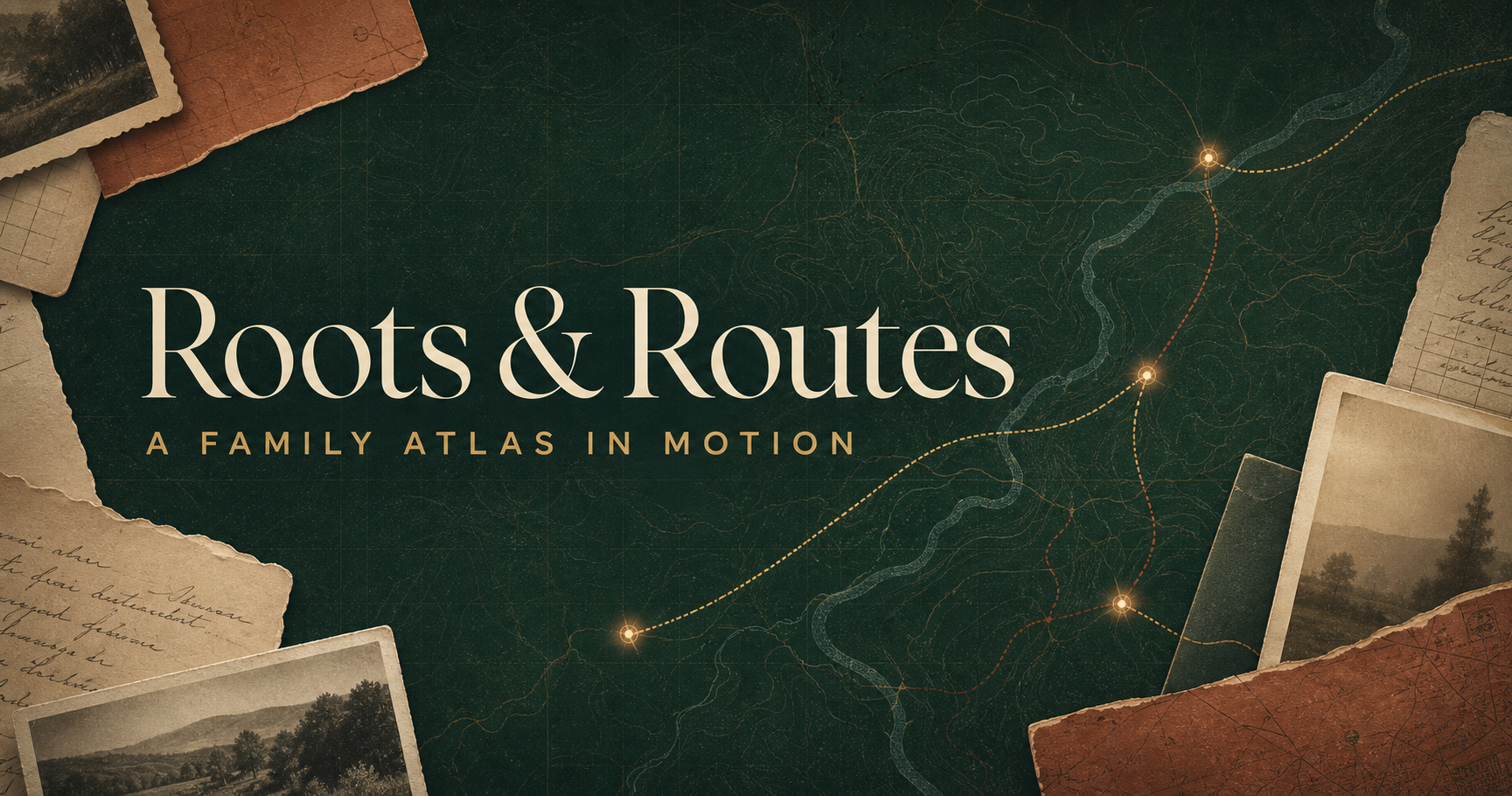 Roots & Routes — A Family Atlas in Motion, illustrated over an archival migration map
